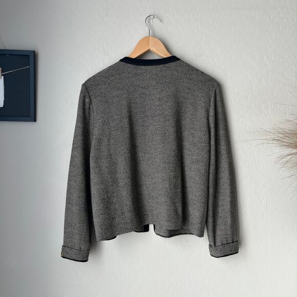 St. John Black Cream Striped Knit Wool Button Zip Up Cardigan Jacket Size 12 - Picture 8 of 9